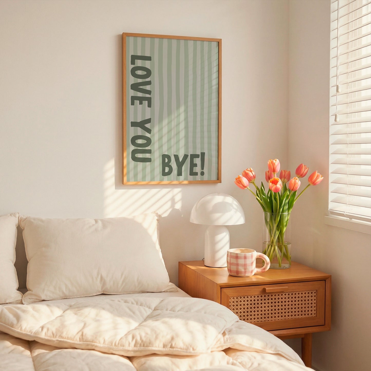 Vertical wall print with soft sage green wavy vertical stripes and bold dark green chunky typography reading LOVE YOU vertically on the left and BYE! horizontally at the bottom right