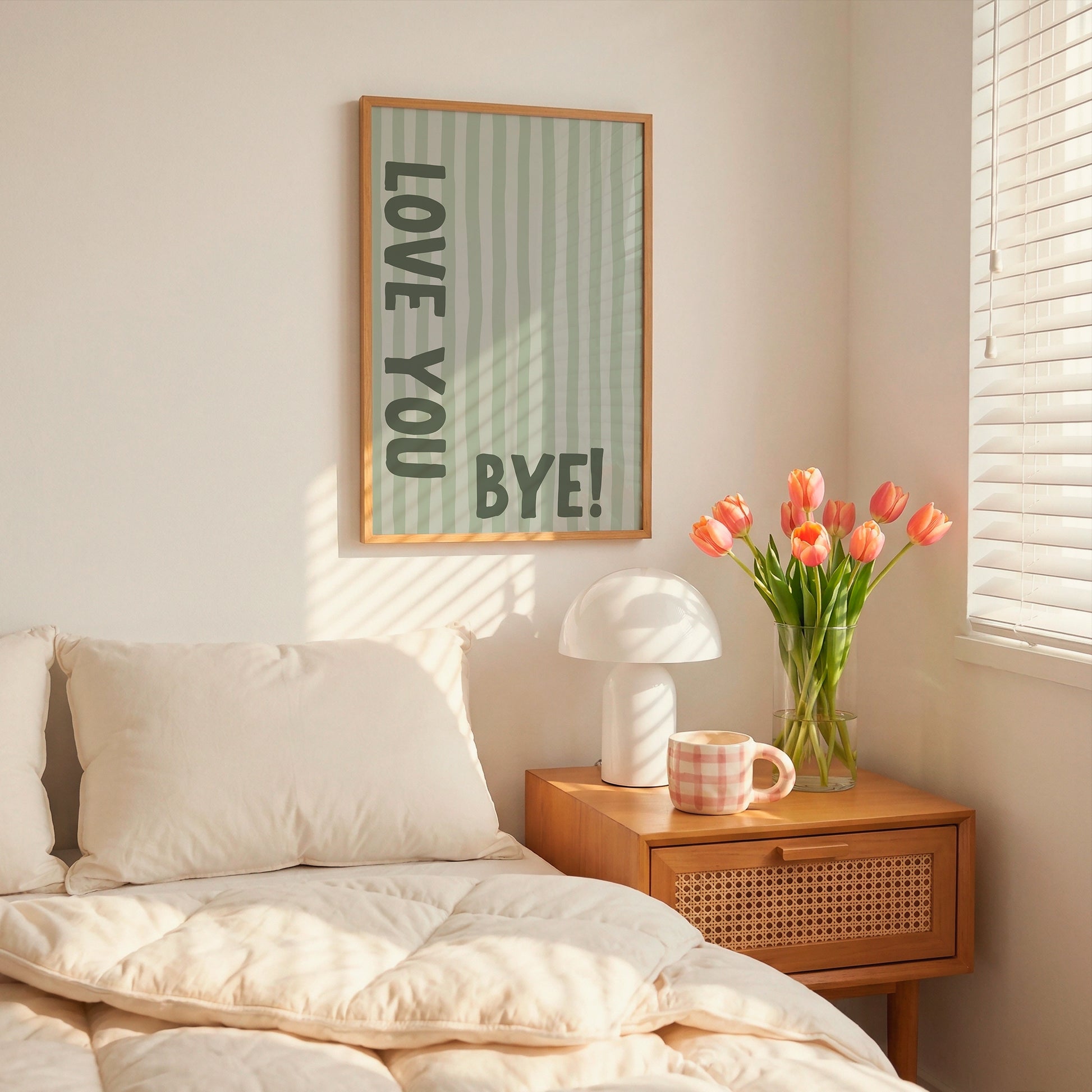 Vertical wall print with soft sage green wavy vertical stripes and bold dark green chunky typography reading LOVE YOU vertically on the left and BYE! horizontally at the bottom right