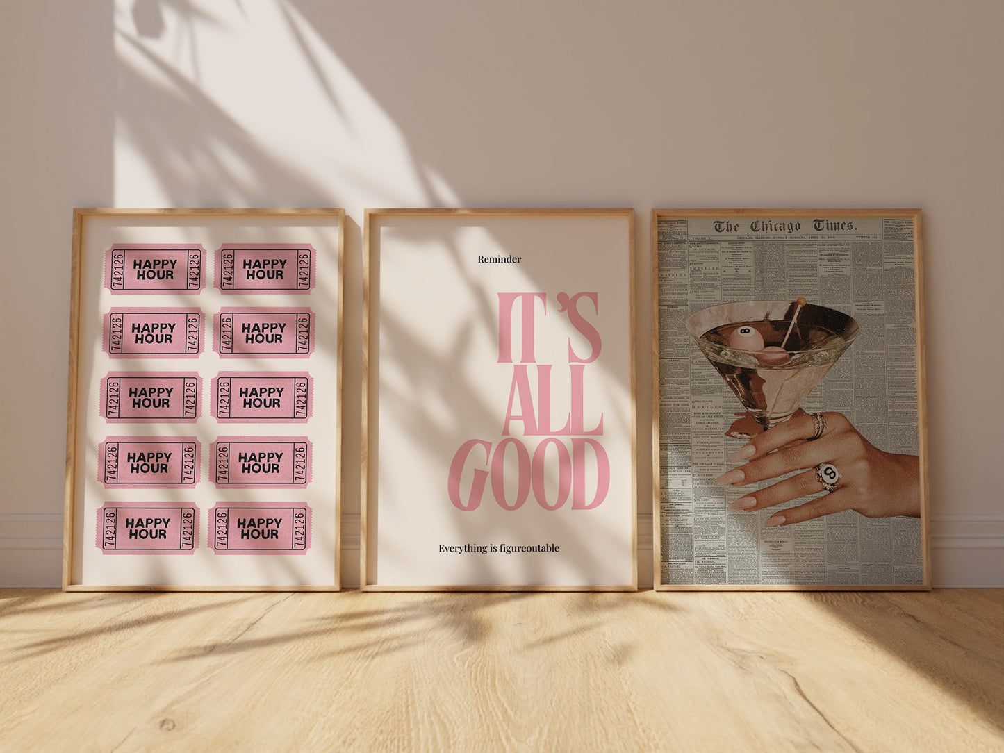 Set of three prints featuring bold pink 'It's All Good' typography, a vintage newspaper cocktail print, and a pink 'Happy Hour' ticket grid