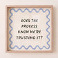Square print with a wavy blue scalloped border and the quote "Does the process know we're trusting it?" in bold black lettering on a cream background.