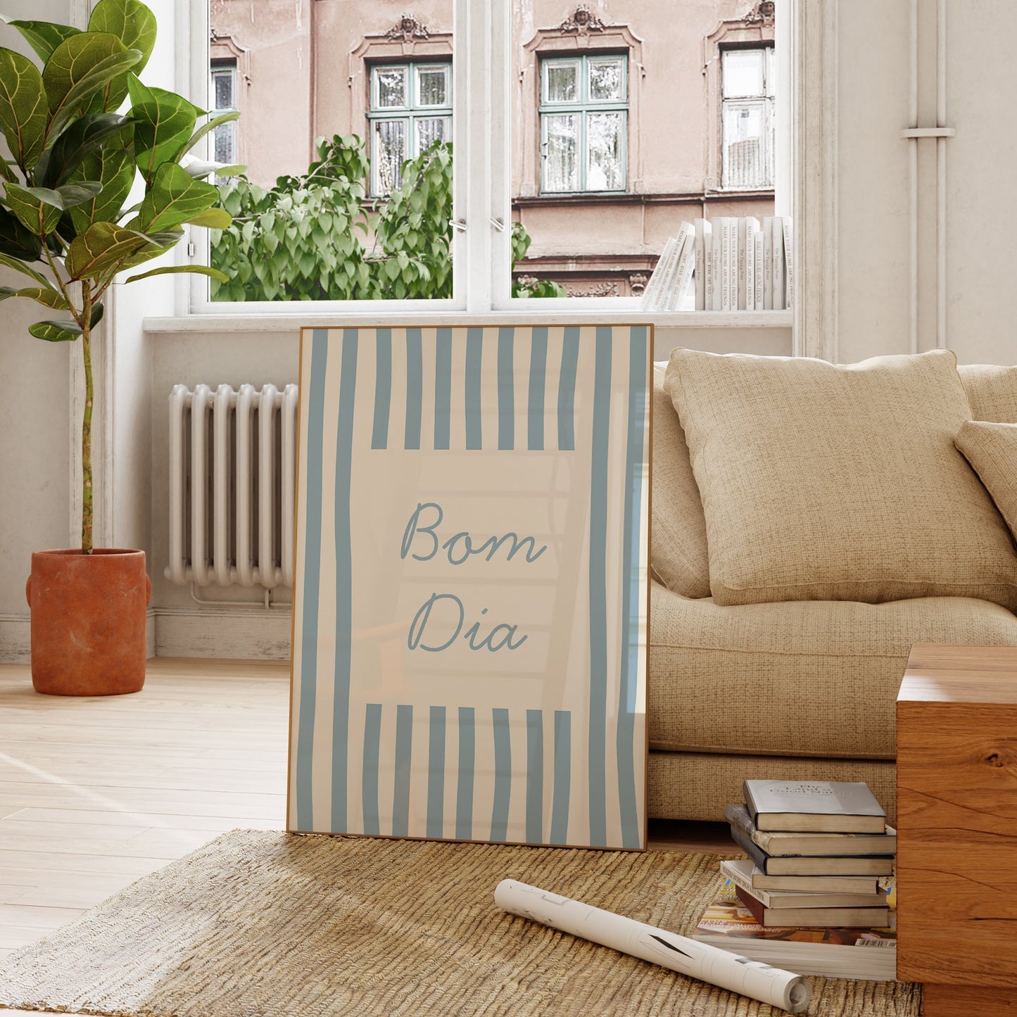 Bom Dia Blue Striped Art - Digital Print