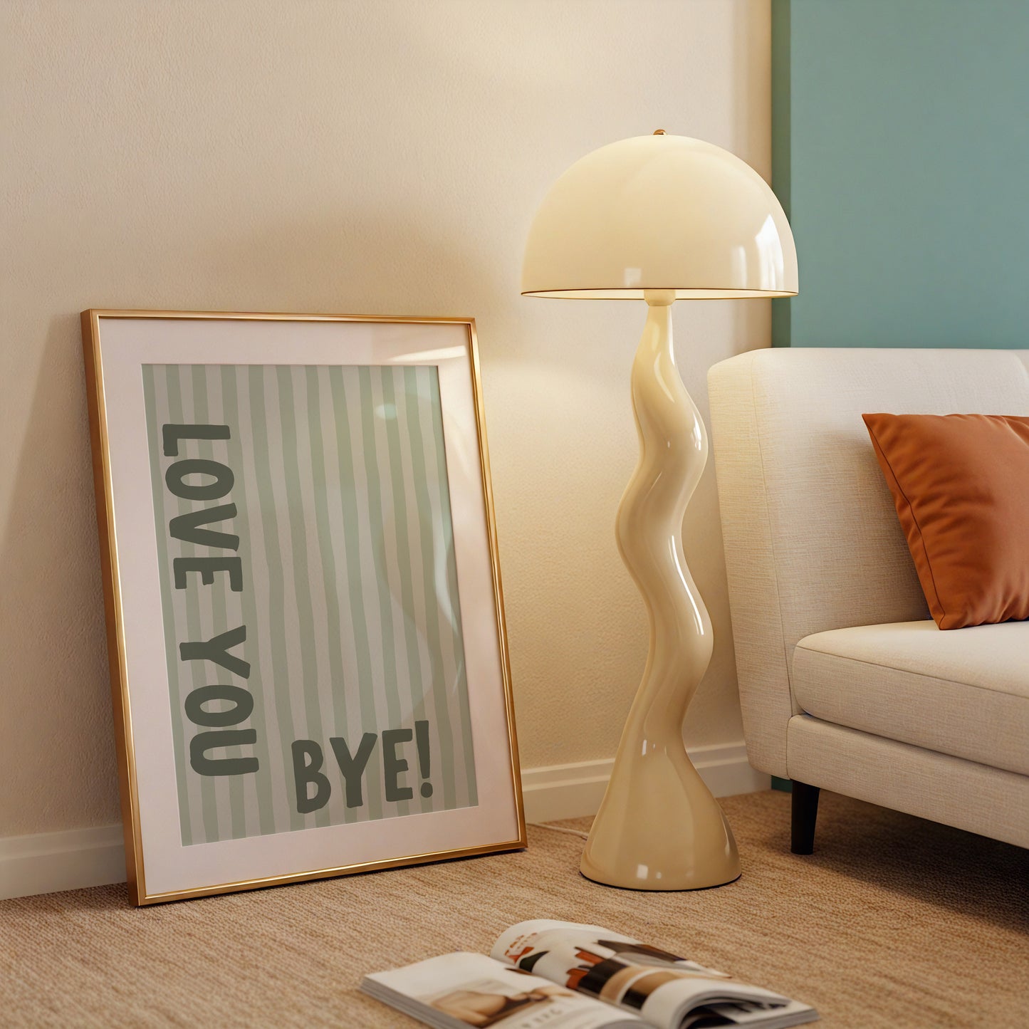 Vertical wall print with soft sage green wavy vertical stripes and bold dark green chunky typography reading LOVE YOU vertically on the left and BYE! horizontally at the bottom right