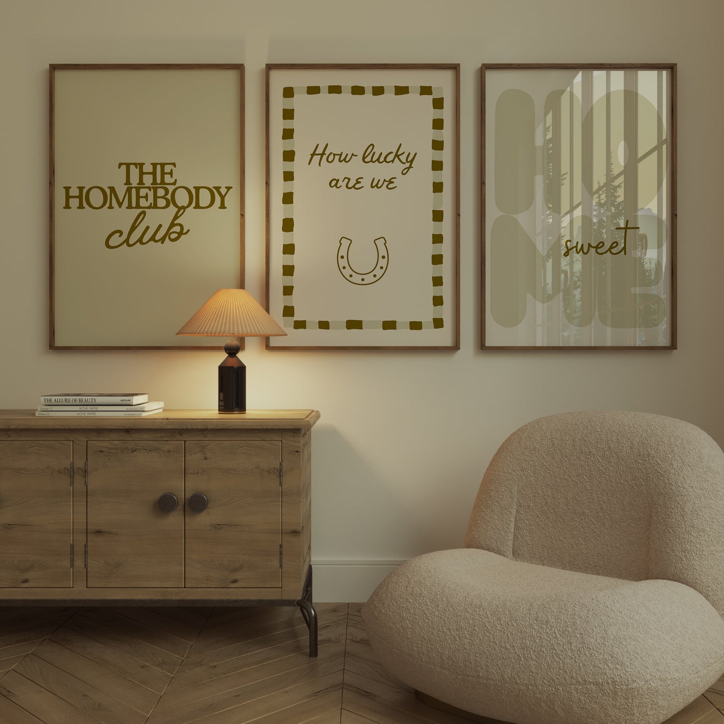 Set of five olive and cream prints including a checkered 'Actually it is all fun & games' print, a horseshoe 'How lucky are we' print, 'The Homebody Club', a striped 'good old days' print, and bubble-letter 'Home sweet'