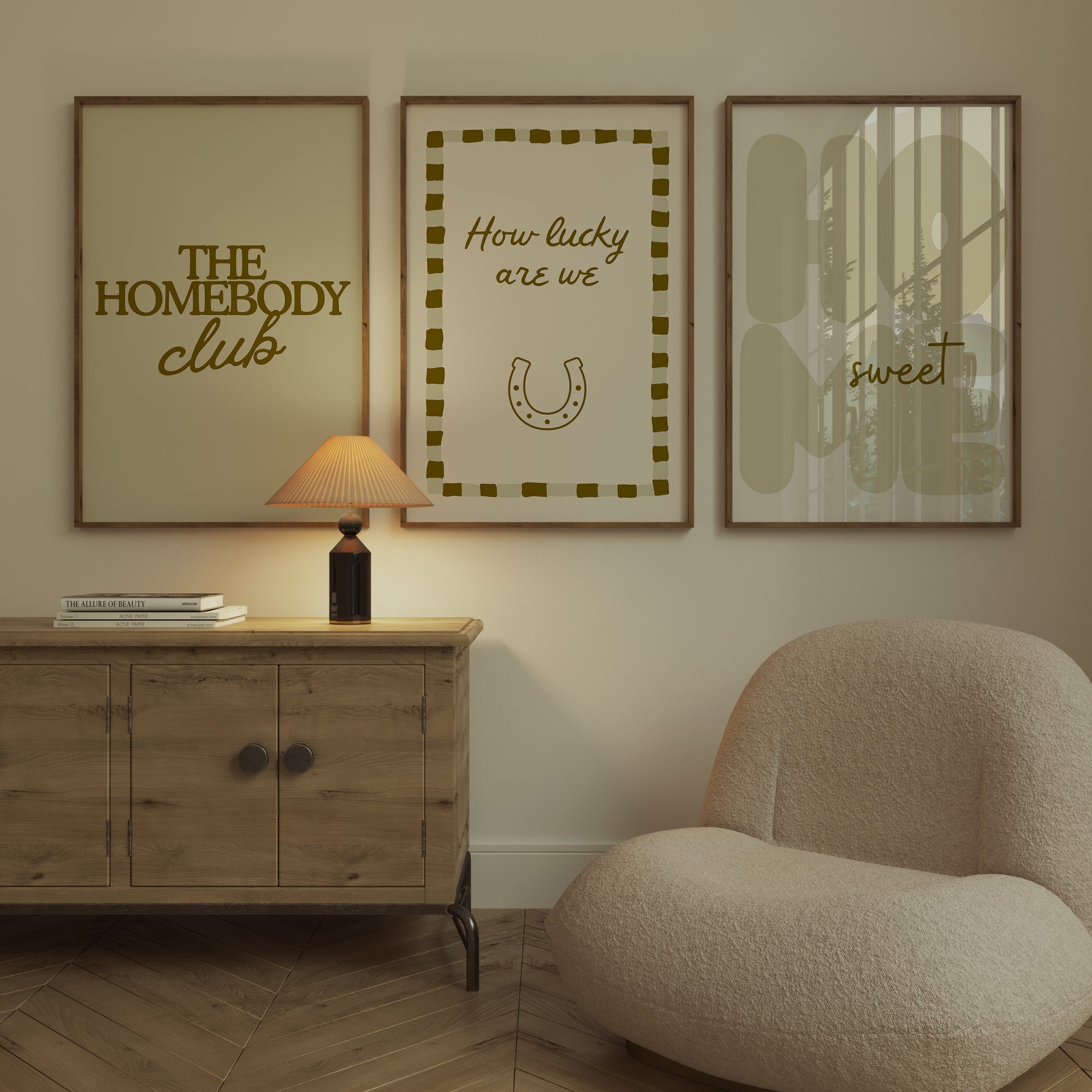 Set of five olive and cream prints including a checkered 'Actually it is all fun & games' print, a horseshoe 'How lucky are we' print, 'The Homebody Club', a striped 'good old days' print, and bubble-letter 'Home sweet'