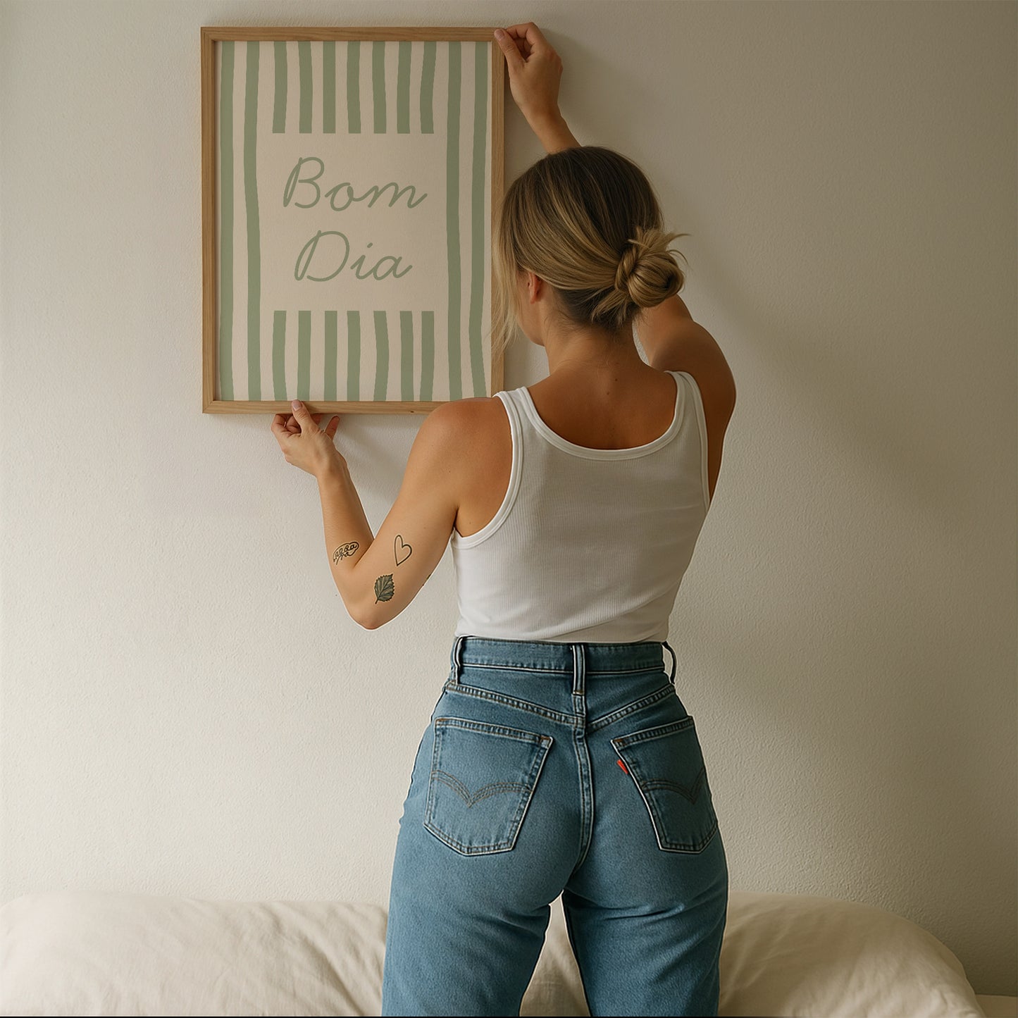 Bom Dia Sage Green Striped Art - Digital Print