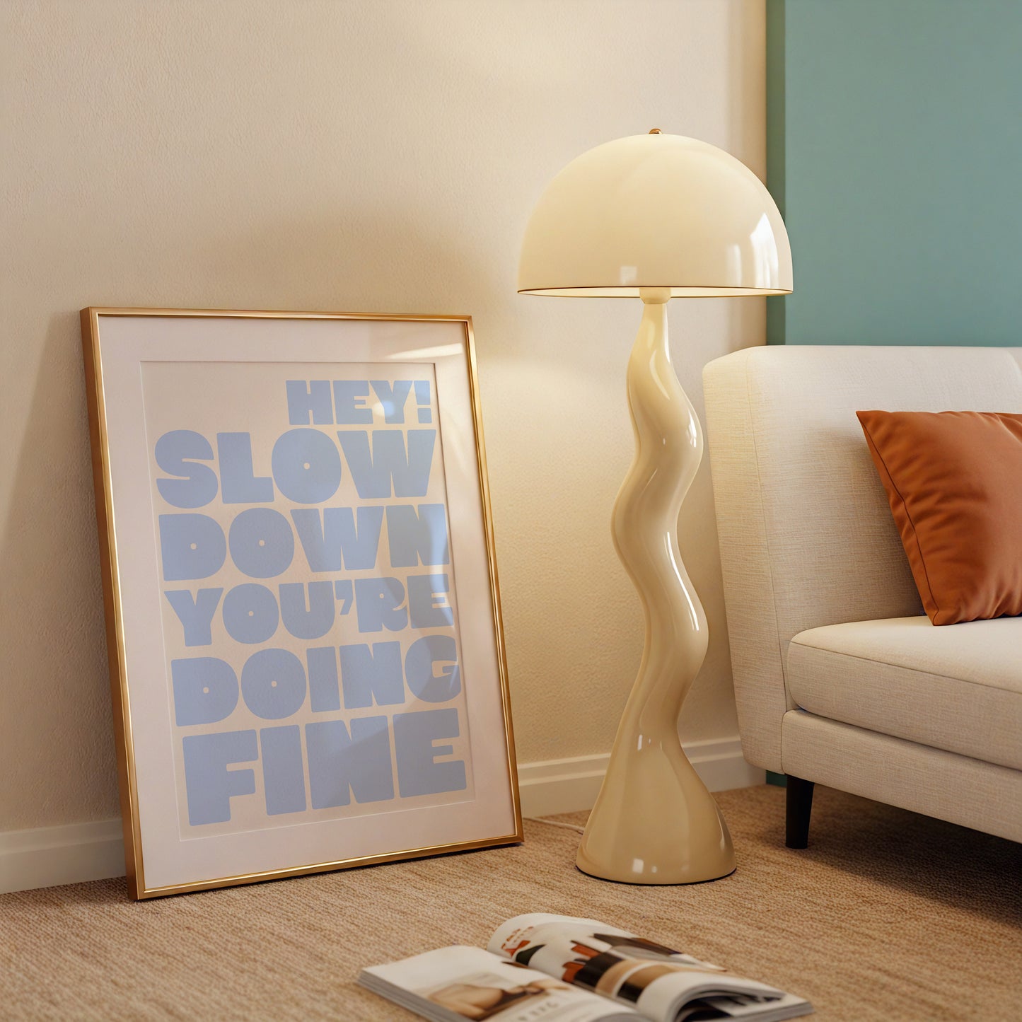 Square wall print on a warm cream background with bold periwinkle blue chunky mixed typography reading Hey! Slow down You're Fine You got this