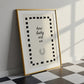 Cream print with a black dashed border featuring the handwritten quote 'how lucky are we' and a horseshoe illustration