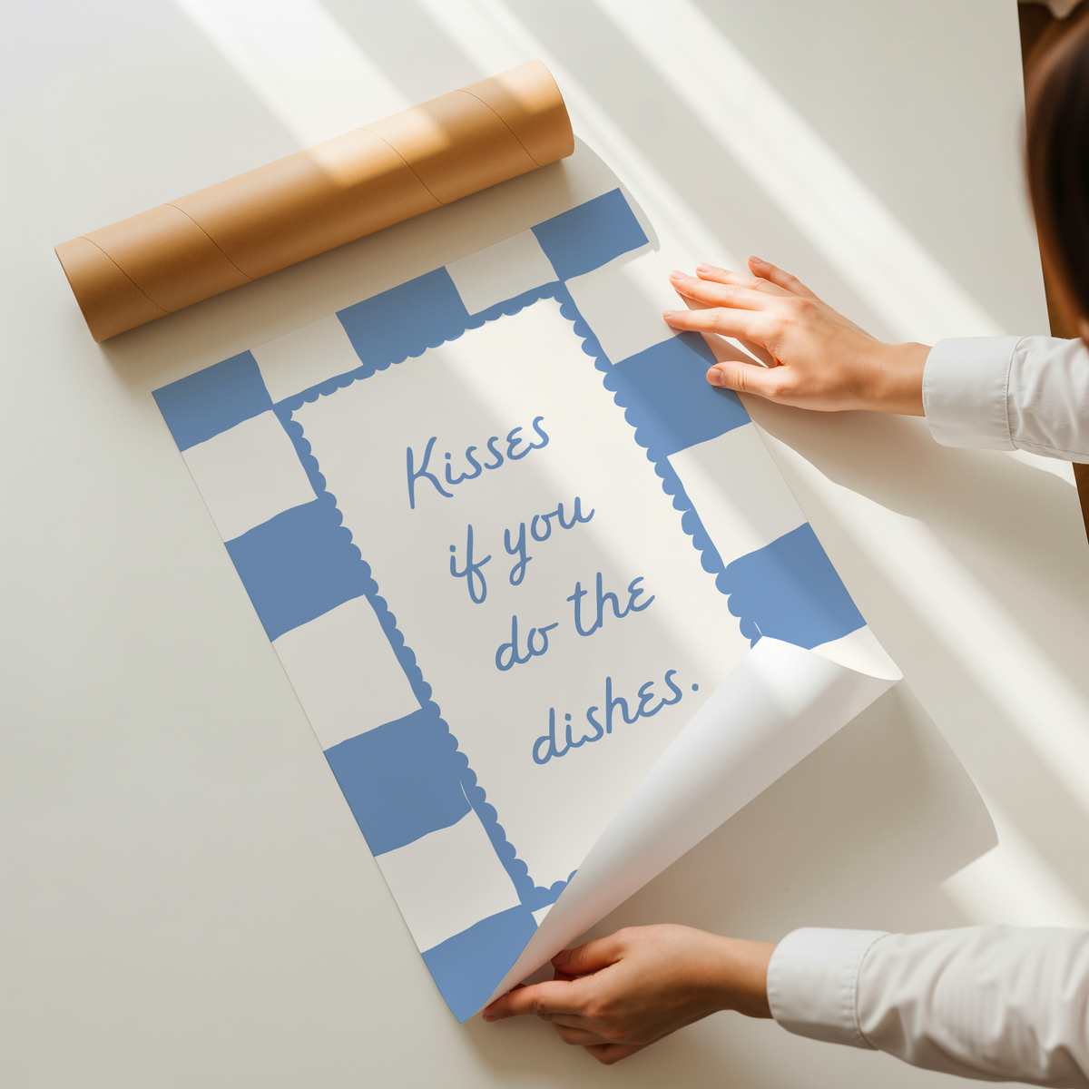 Kisses If You Do The Dishes | Blue Gingham Kitchen Print