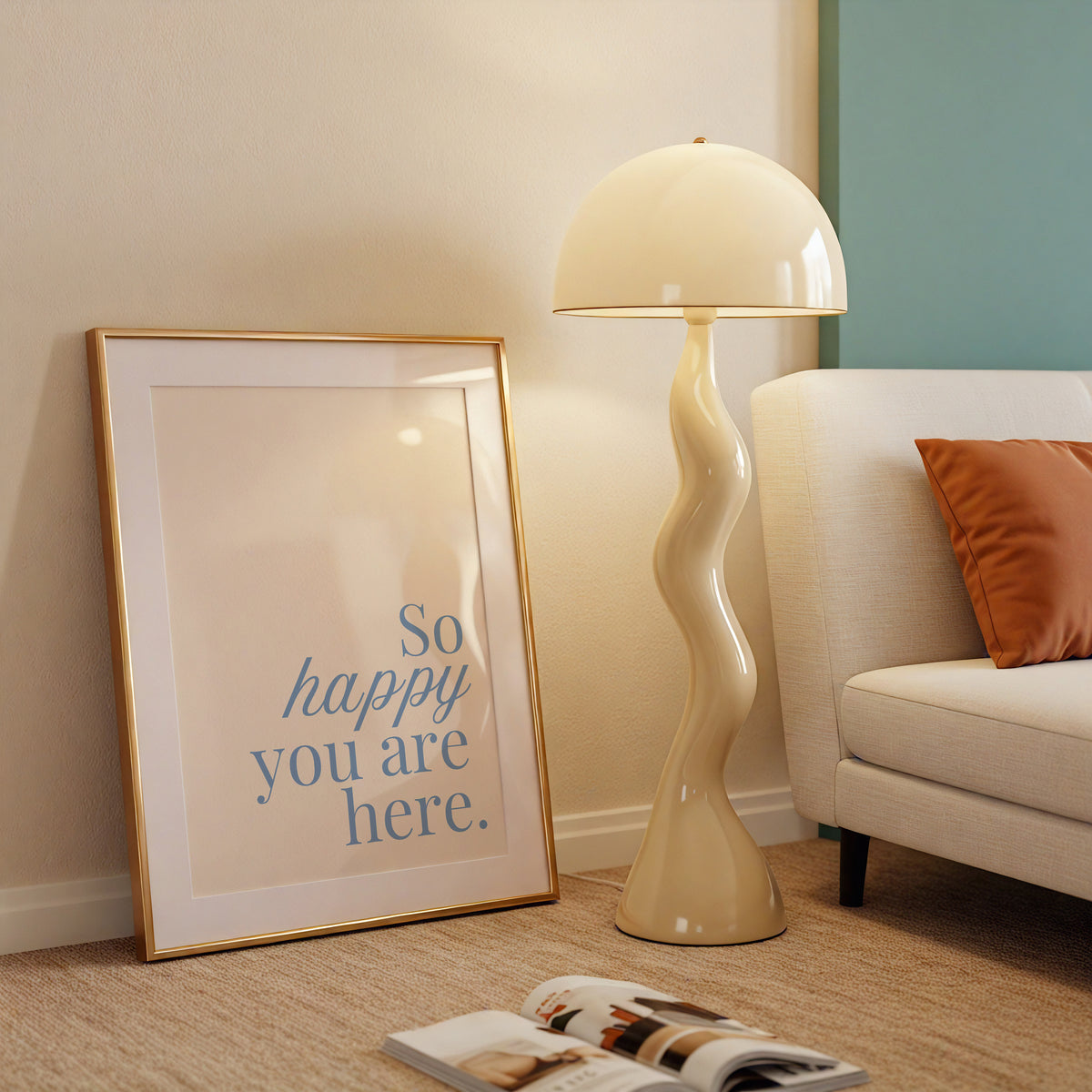 Set of five prints in rust and dusty blue: "How lucky are we" with a horseshoe, "So happy you are here," "What's for dinner?" in a checkered border, "This feels like home" on stripes, and a floral illustration