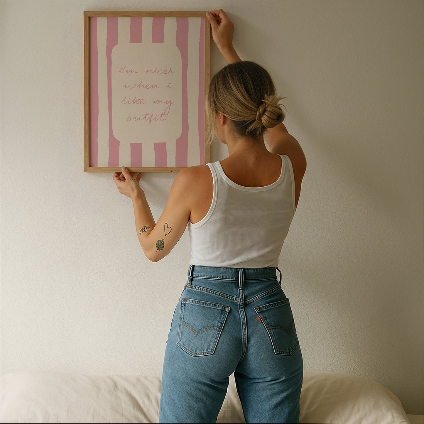 Pink and cream striped print featuring the handwritten quote "I'm nicer when I like my outfit" in pink script