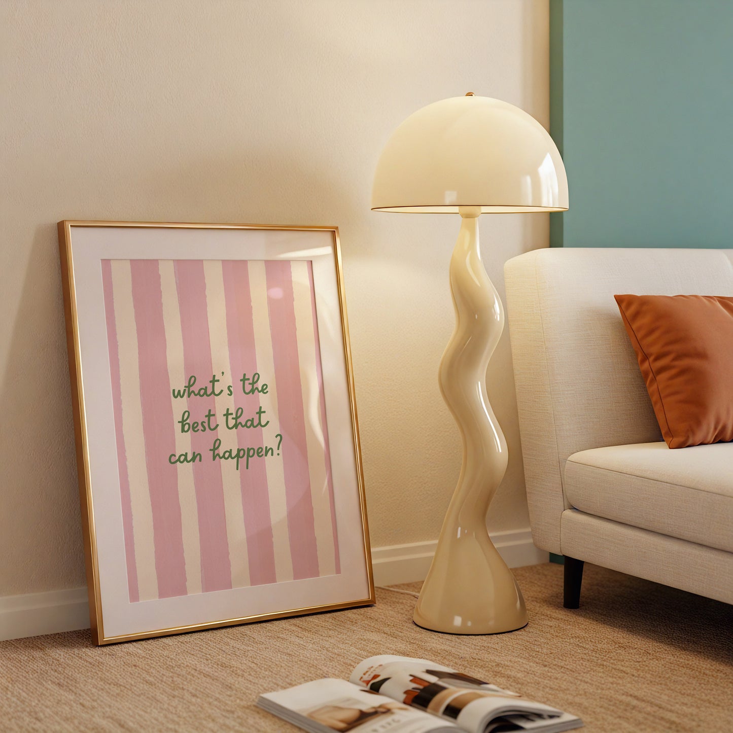 Print with soft pink hand-painted brush stroke stripes and the quote "What's the best that can happen" in script lettering.