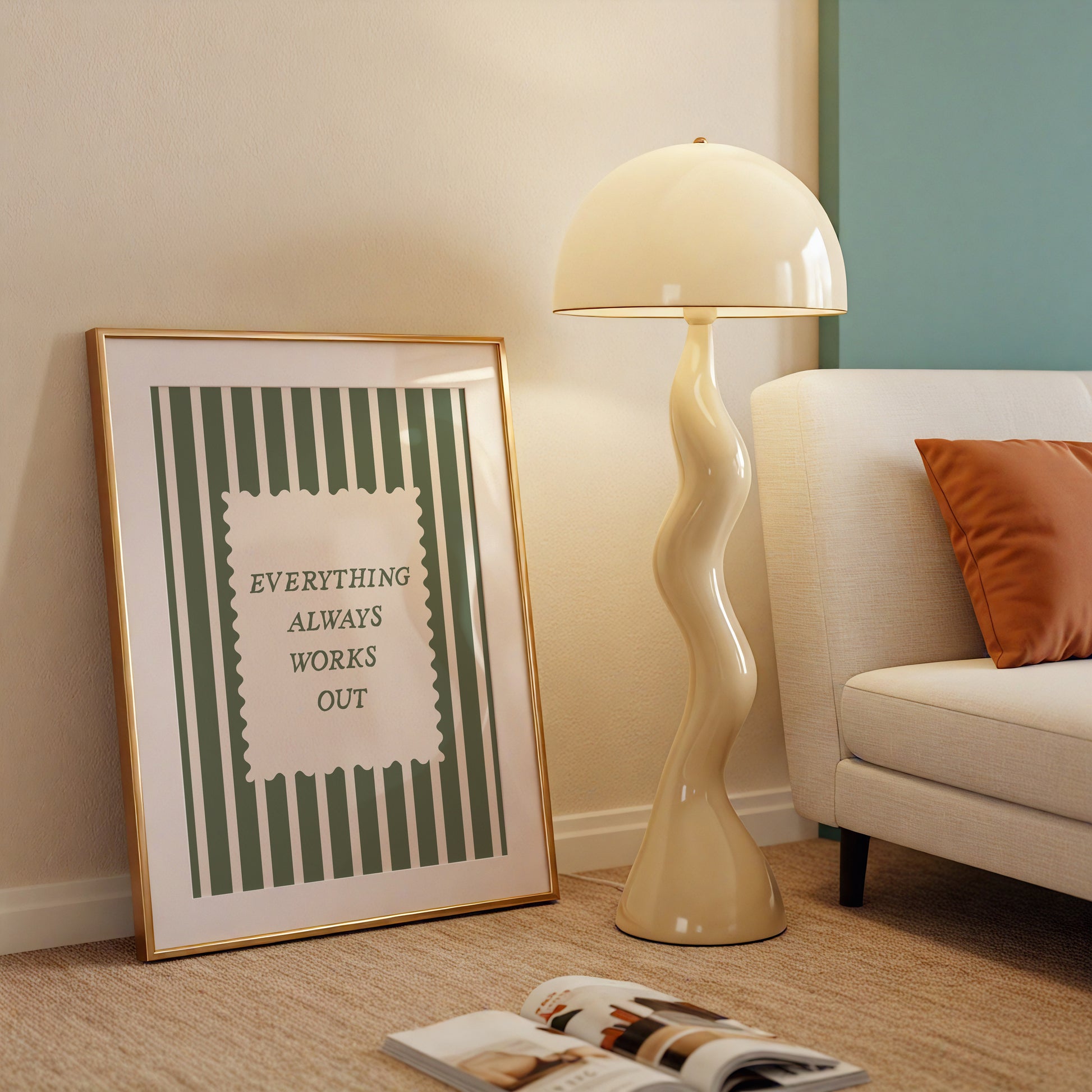 Vertical wall print with bold forest green vertical stripes and a cream scalloped text box reading Everything Always Works Out in dark green serif typography