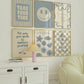 Set of 10 calm corner prints in tan and blue: "Take Your Time," "I am enough" on a smiley face, "Breathe" beside a meditating duck illustration, a "Daily Check-in, All Feelings Welcome!" chart with cartoon stars and clouds, "Slow Down, You're Doing Fine!", "You are enough," "Be Kind To Your Mind" on a checkered background, "This is a Safe Space" on a house shape, "The way you speak to yourself matters" beside a heart illustration, and "It's OK to Not Be OK."