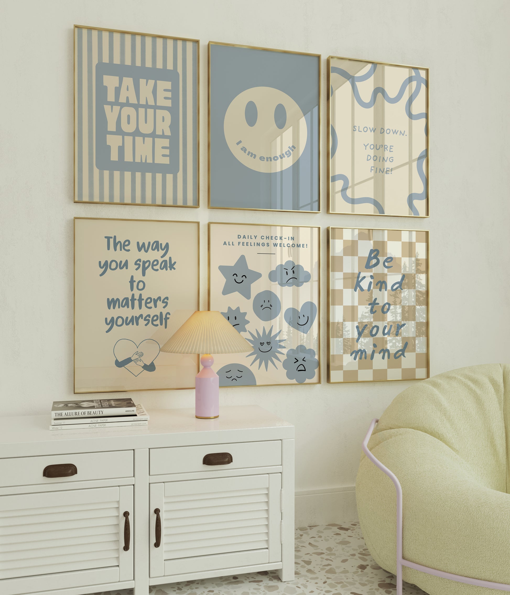 Set of 10 calm corner prints in tan and blue: "Take Your Time," "I am enough" on a smiley face, "Breathe" beside a meditating duck illustration, a "Daily Check-in, All Feelings Welcome!" chart with cartoon stars and clouds, "Slow Down, You're Doing Fine!", "You are enough," "Be Kind To Your Mind" on a checkered background, "This is a Safe Space" on a house shape, "The way you speak to yourself matters" beside a heart illustration, and "It's OK to Not Be OK."