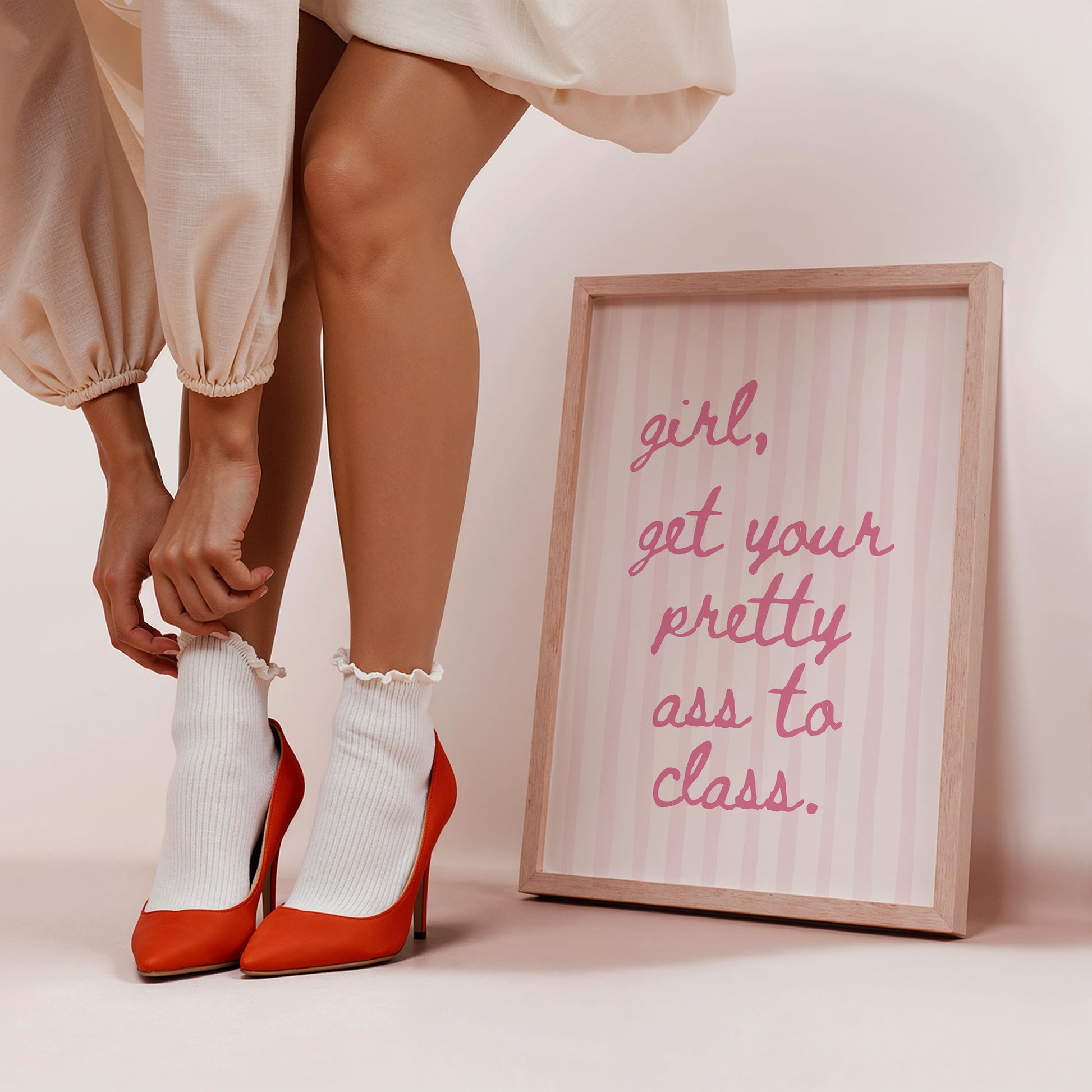 Pink dorm room gallery set of 3 art prints — Girl Get Your Pretty Ass To Class, This Feels Like Home pennant and Good Times ticket prints instant download