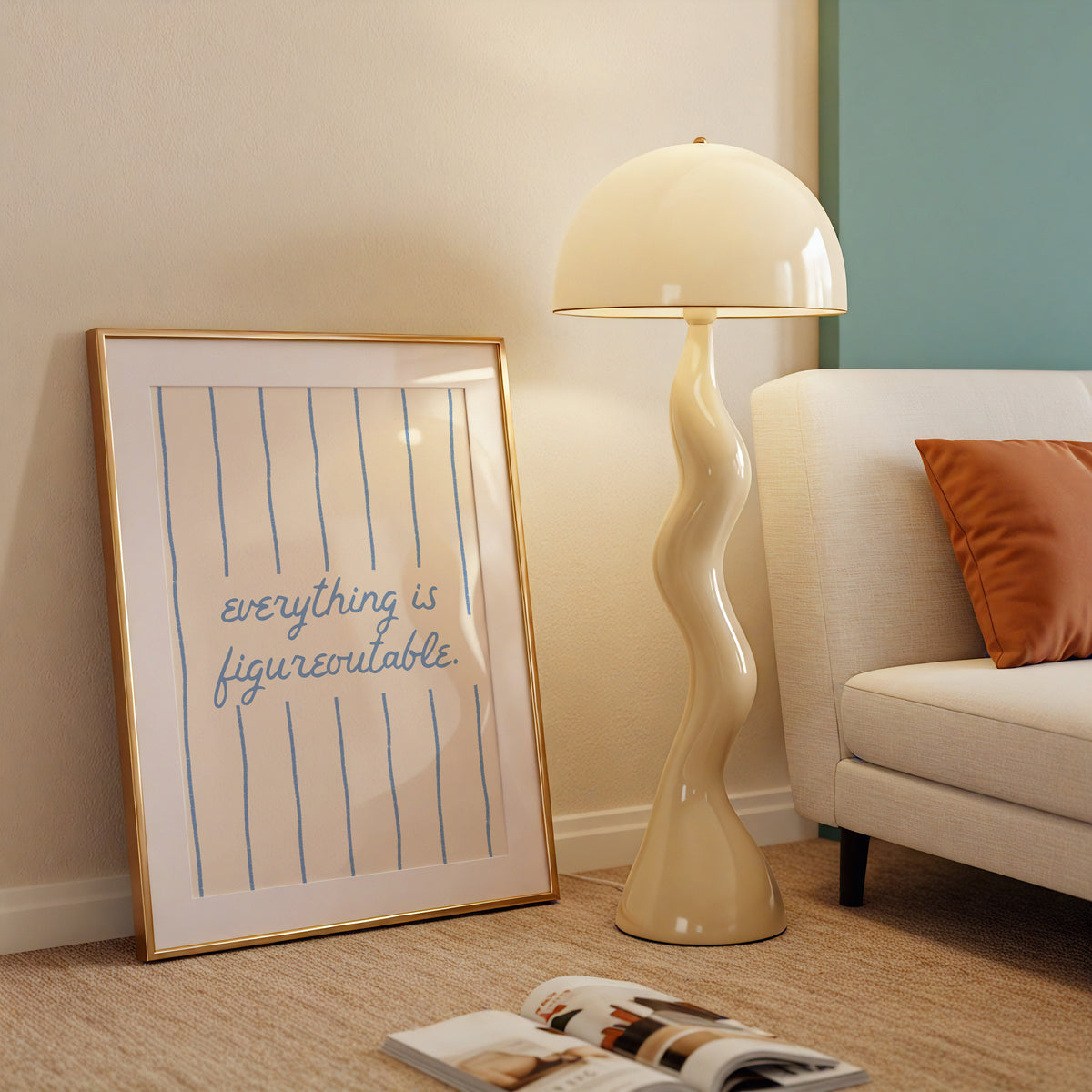 Square digital print with a cream background and blue vertical stripes, featuring the phrase "everything is figureoutable." in blue script centered on the design.