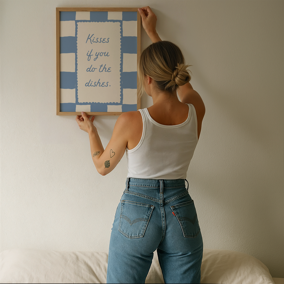 Kisses If You Do The Dishes | Blue Gingham Kitchen Print