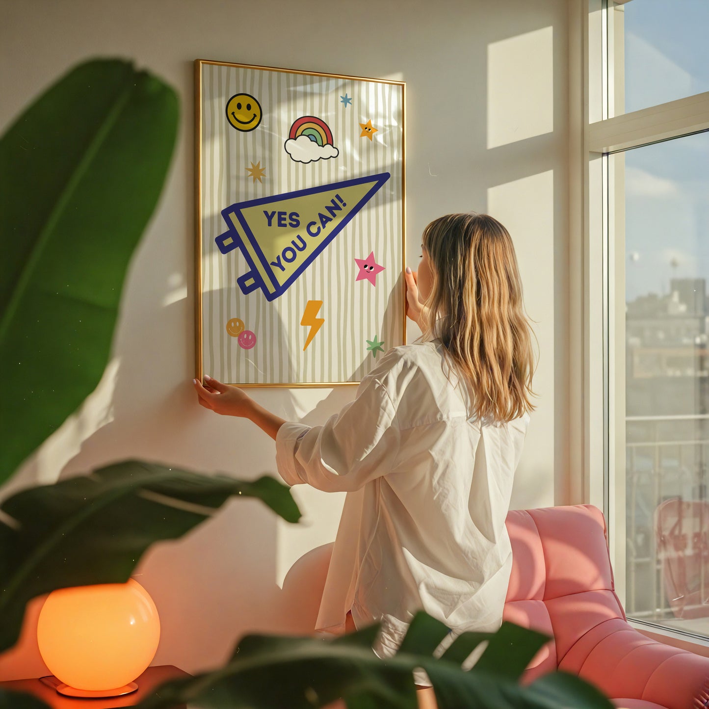 Yes You Can pennant art print on pink corduroy sofa — whimsical varsity motivational wall decor instant download