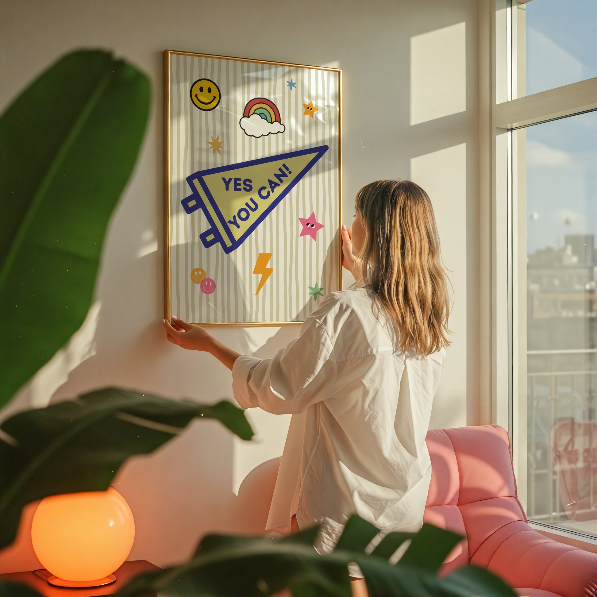 Yes You Can pennant art print on pink corduroy sofa — whimsical varsity motivational wall decor instant download