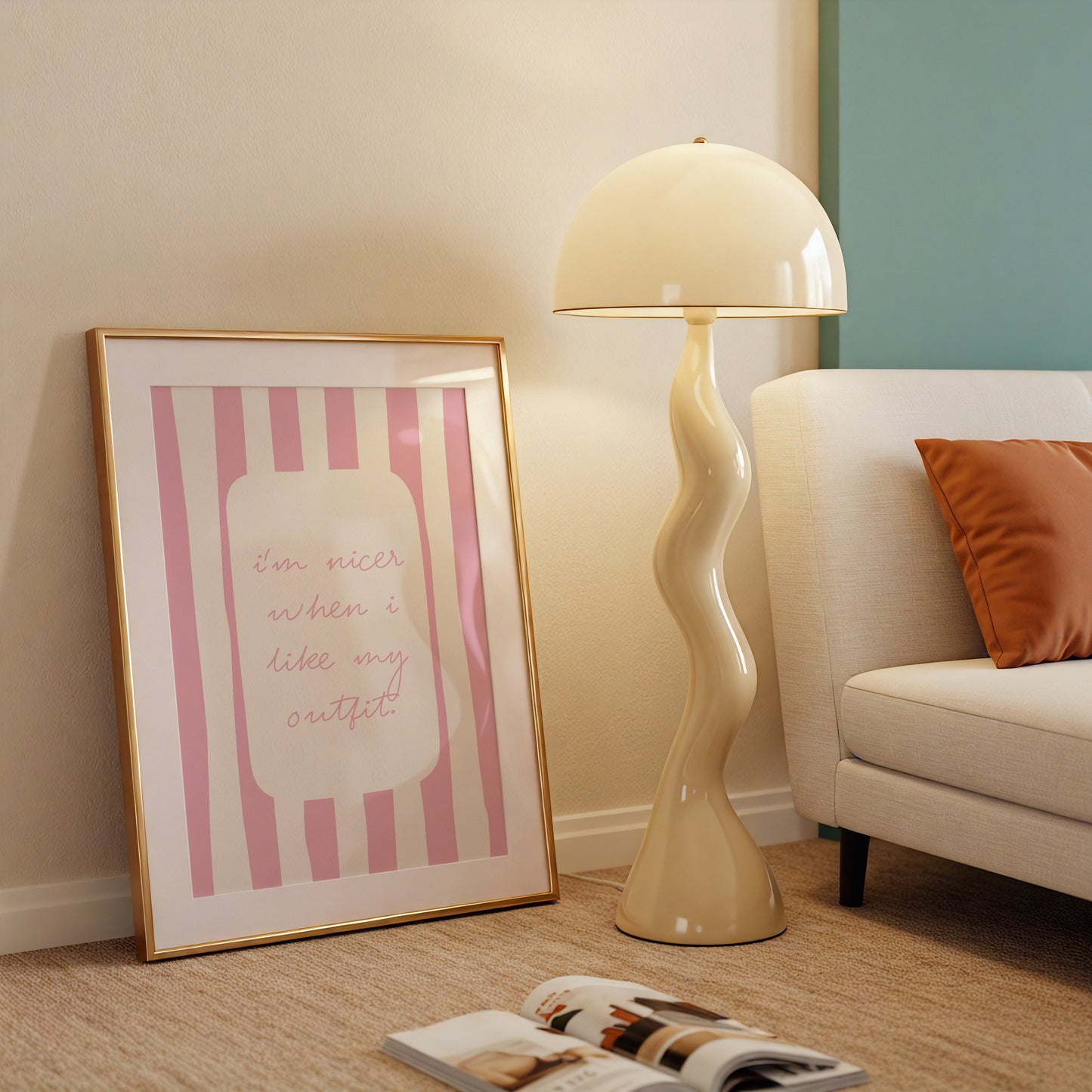 Pink and cream striped print featuring the handwritten quote "I'm nicer when I like my outfit" in pink script