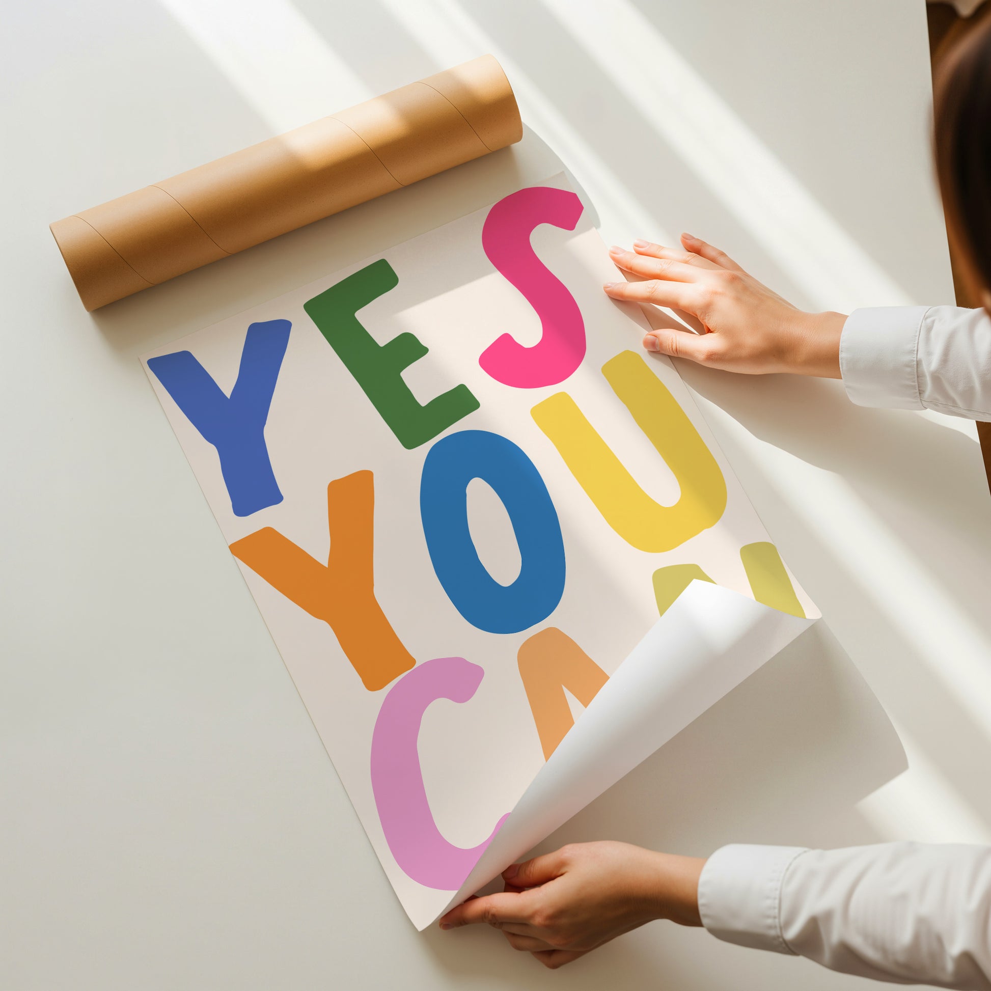 Vertical print with the words "YES YOU CAN" in large multicolored bubble letters — blue, green, pink, orange, yellow, and olive — on a white background.