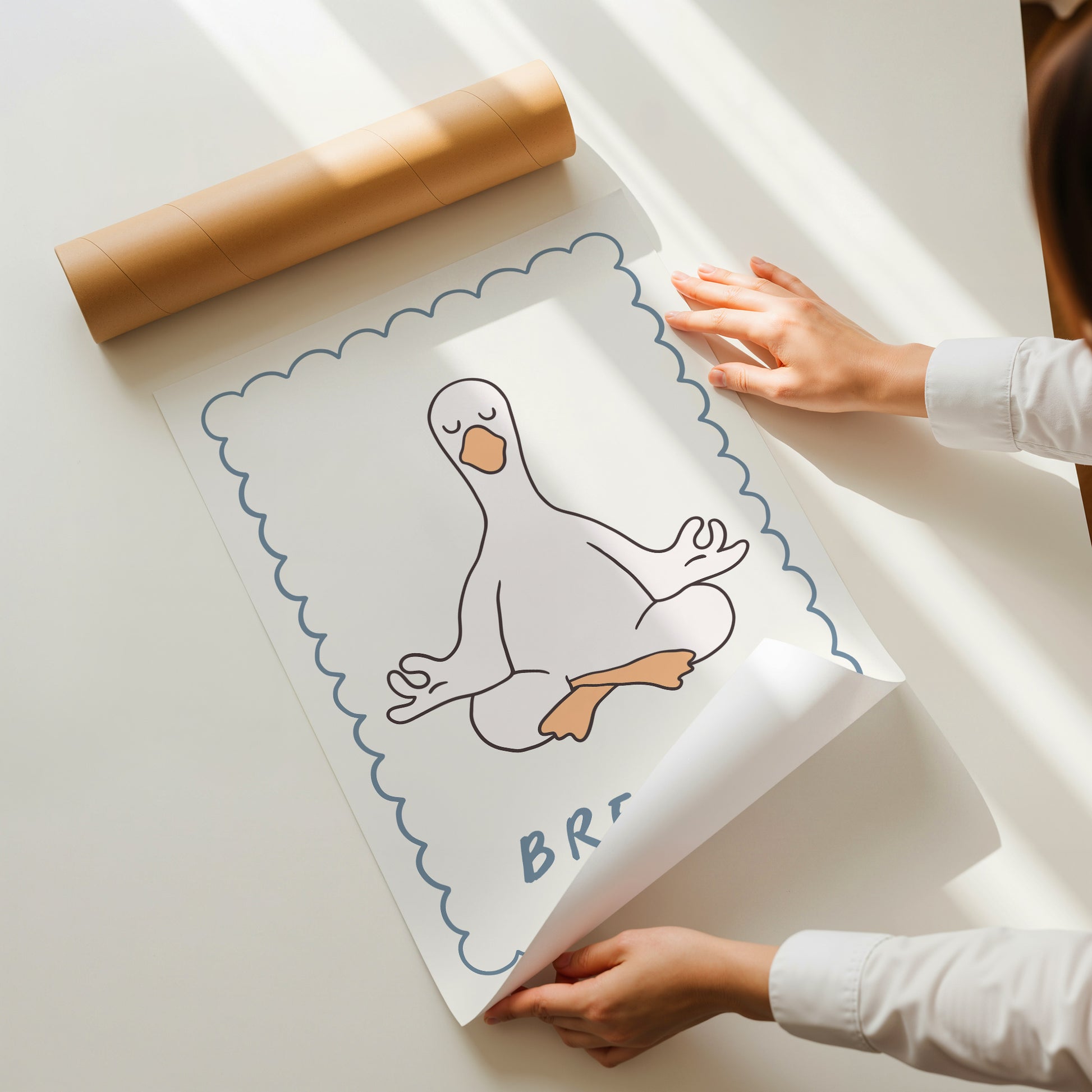 Set of 10 calm corner prints in tan and blue: "Take Your Time," "I am enough" on a smiley face, "Breathe" beside a meditating duck illustration, a "Daily Check-in, All Feelings Welcome!" chart with cartoon stars and clouds, "Slow Down, You're Doing Fine!", "You are enough," "Be Kind To Your Mind" on a checkered background, "This is a Safe Space" on a house shape, "The way you speak to yourself matters" beside a heart illustration, and "It's OK to Not Be OK."