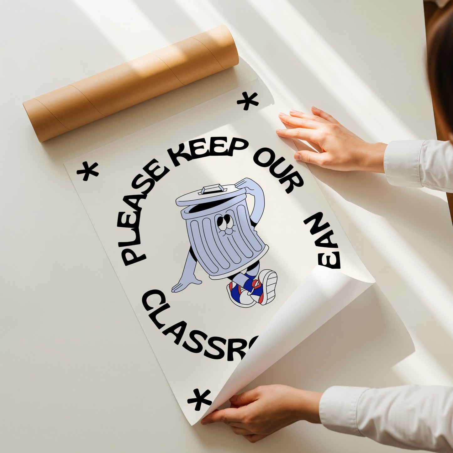 Vertical cream wall print with bold arched black typography reading Please Keep Our Classroom Clean surrounding a retro cartoon trash can character wearing sneakers with asterisk corner details