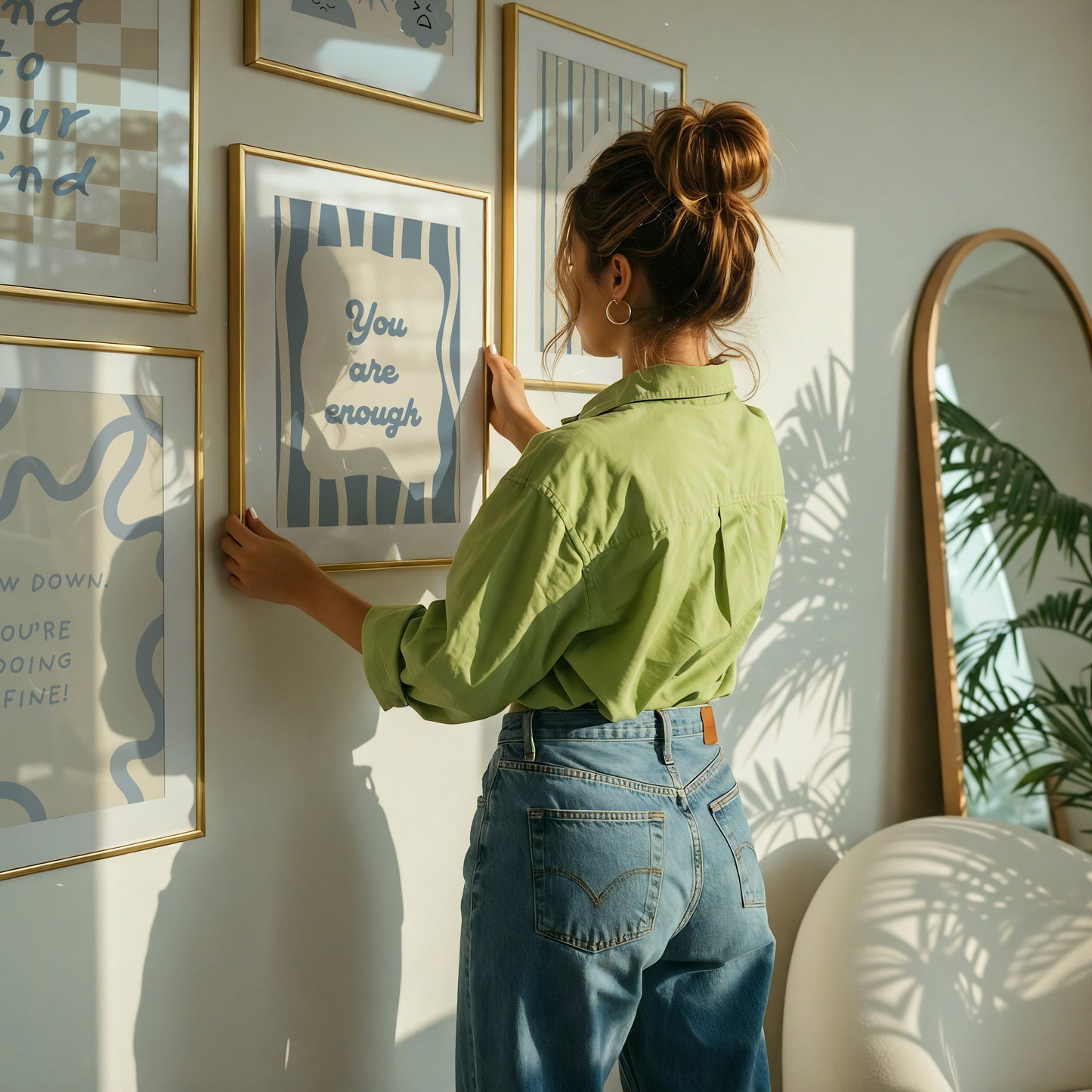 Set of 10 calm corner prints in tan and blue: "Take Your Time," "I am enough" on a smiley face, "Breathe" beside a meditating duck illustration, a "Daily Check-in, All Feelings Welcome!" chart with cartoon stars and clouds, "Slow Down, You're Doing Fine!", "You are enough," "Be Kind To Your Mind" on a checkered background, "This is a Safe Space" on a house shape, "The way you speak to yourself matters" beside a heart illustration, and "It's OK to Not Be OK."