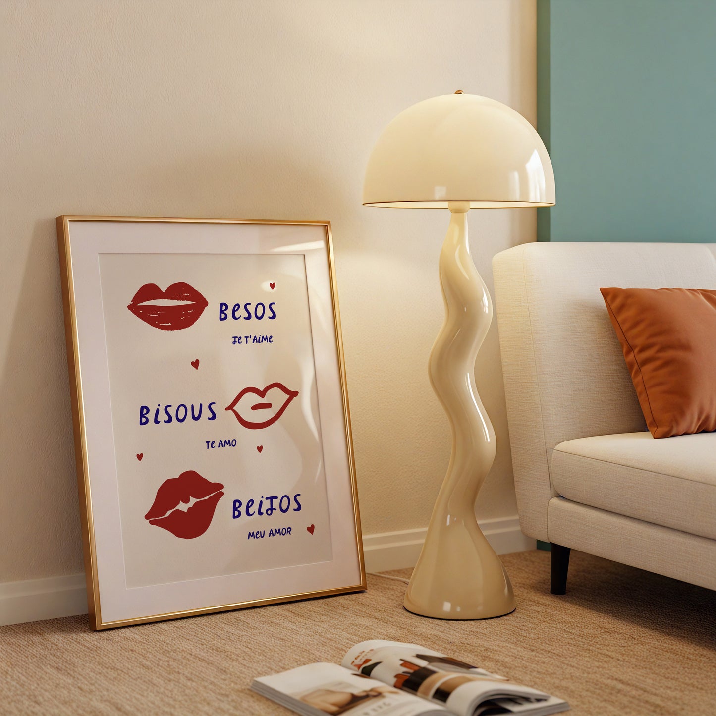 Cream print with three illustrated red lips paired with "Besos," "Bisous," and "Beijos" in navy lettering, with small red hearts scattered throughout