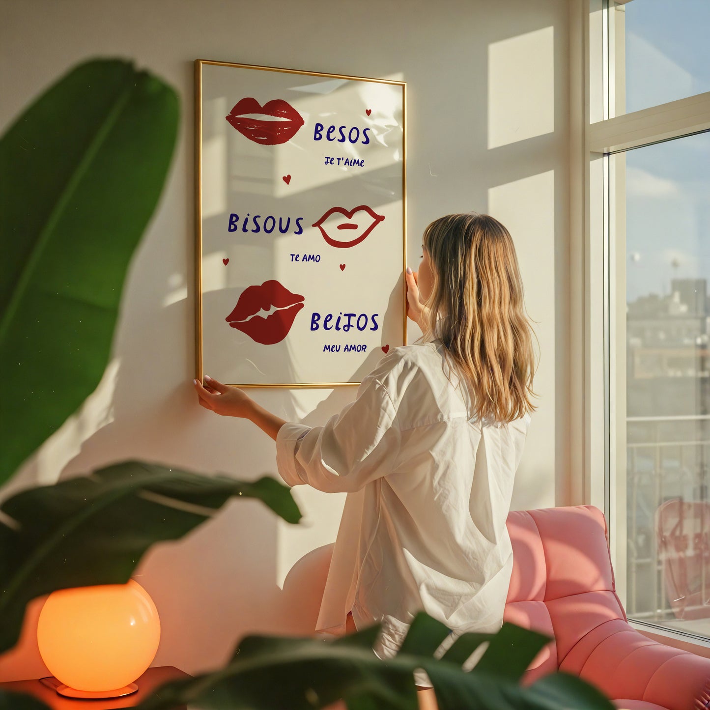 Cream print with three illustrated red lips paired with "Besos," "Bisous," and "Beijos" in navy lettering, with small red hearts scattered throughout