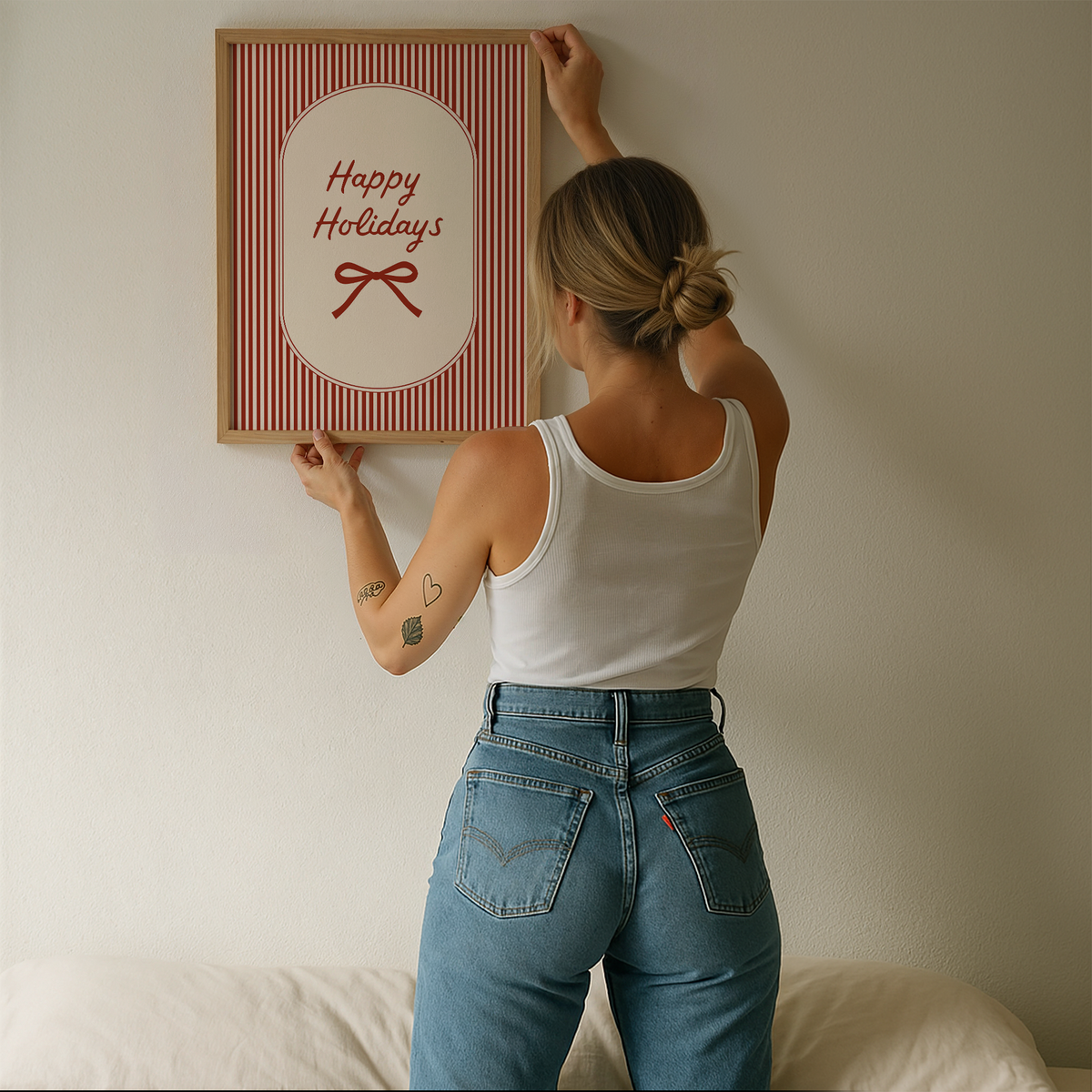 Happy Holidays Print | Red Pinstripe Bow