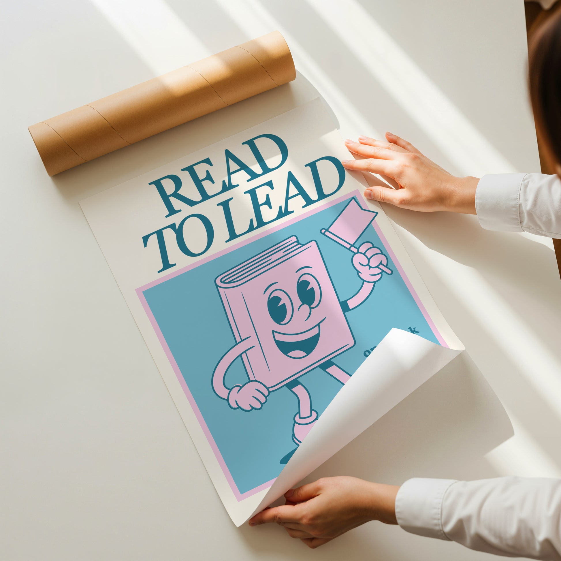 Vertical wall print with bold teal serif typography reading READ TO LEAD above a cheerful retro pink walking book character waving a flag on a teal background