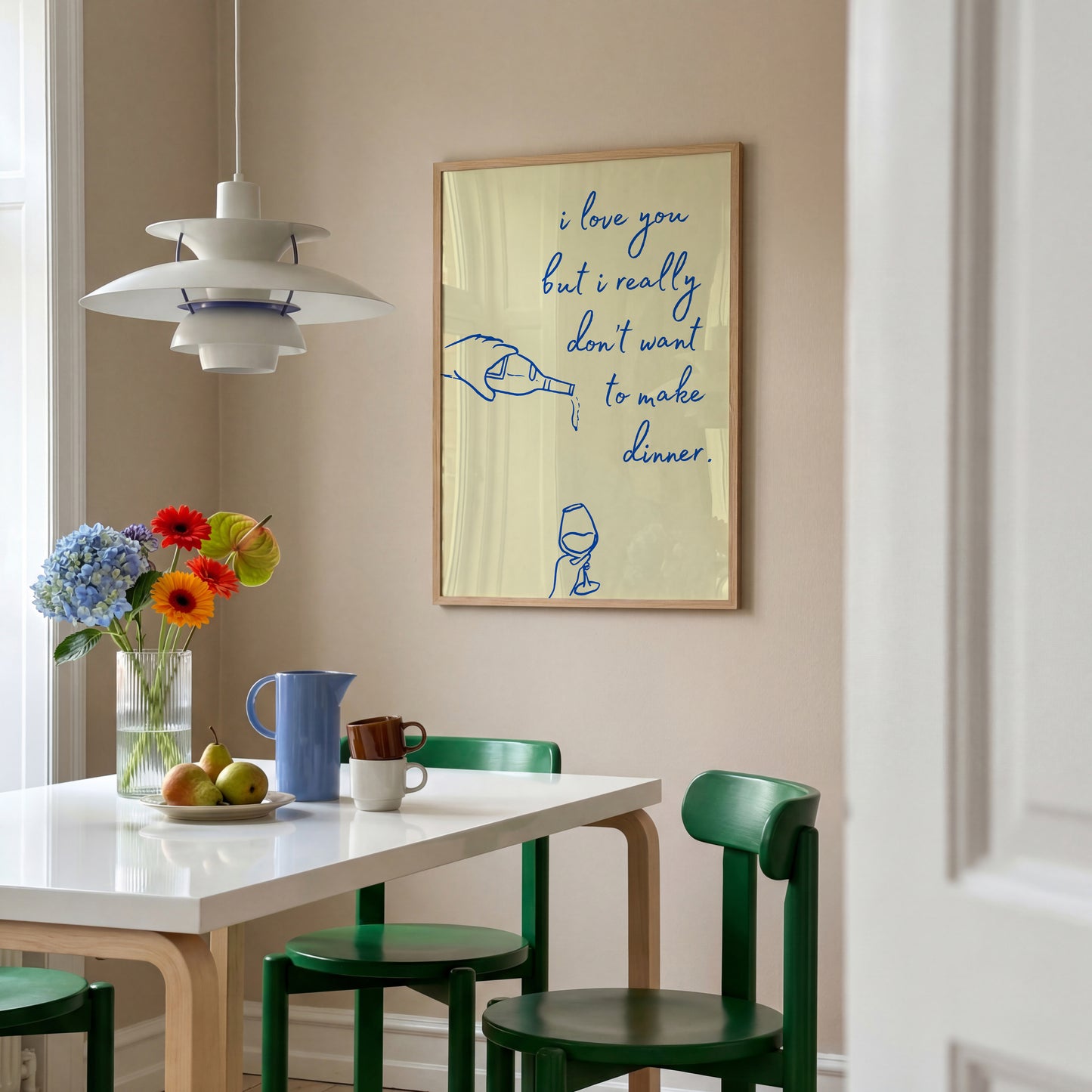 Vertical cream wall print with navy blue cursive script reading i love you but i really don't want to make dinner with hand-drawn line art of a pouring wine bottle and a wine glass