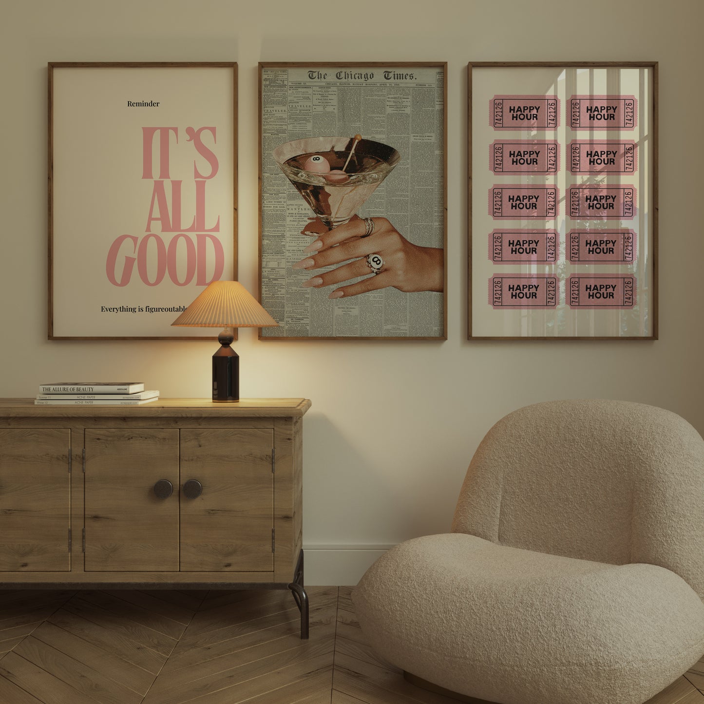 Set of three prints featuring bold pink 'It's All Good' typography, a vintage newspaper cocktail print, and a pink 'Happy Hour' ticket grid