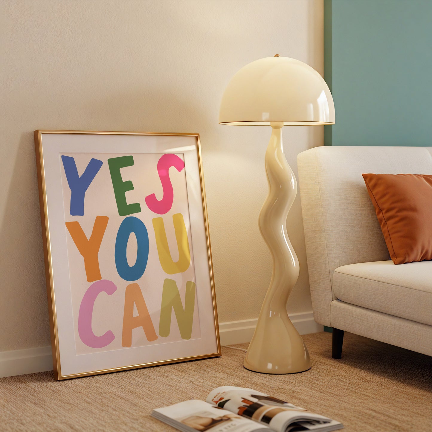Vertical print with the words "YES YOU CAN" in large multicolored bubble letters — blue, green, pink, orange, yellow, and olive — on a white background.