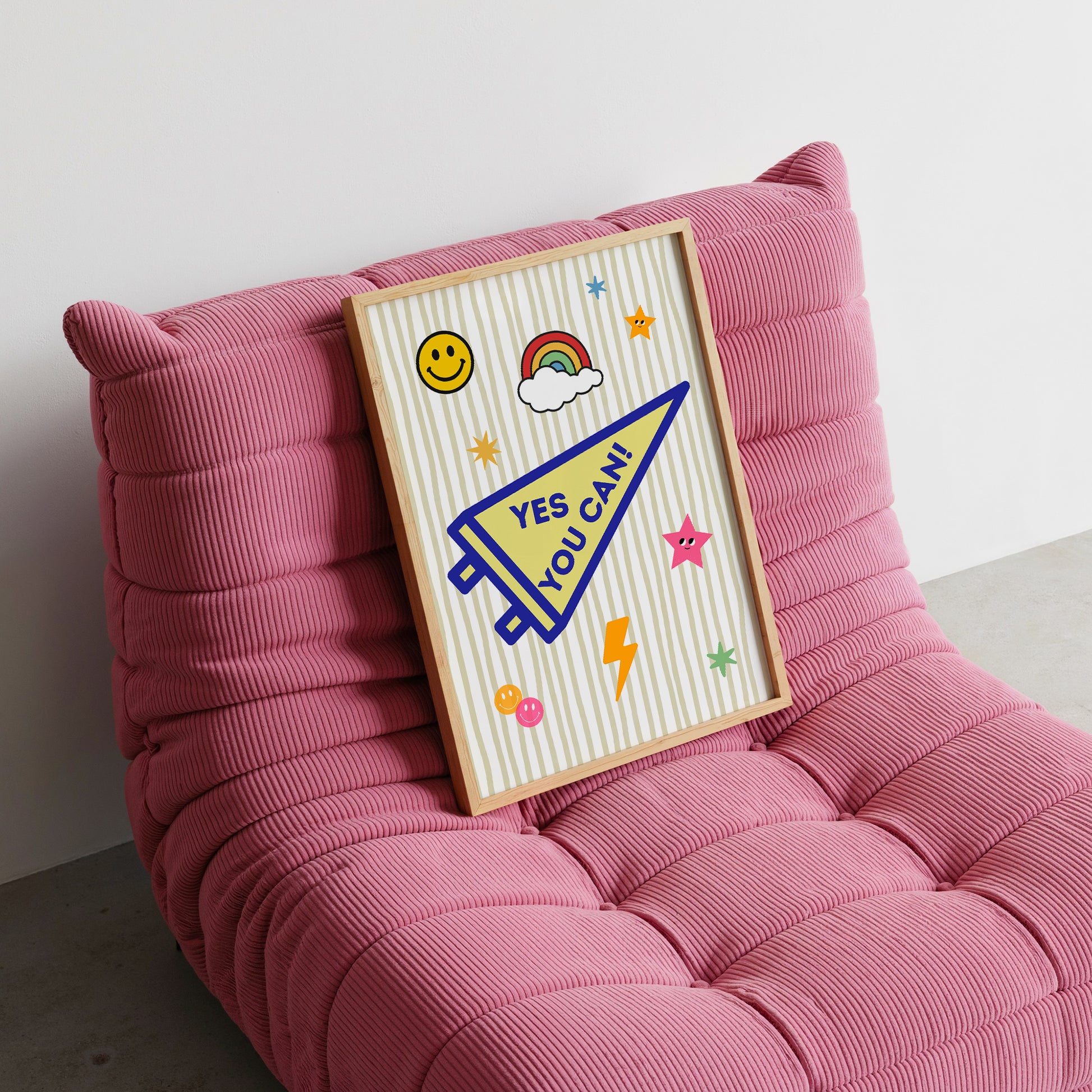 Yes You Can varsity pennant art print on dorm room nightstand with vintage lamp — motivational bedroom wall decor