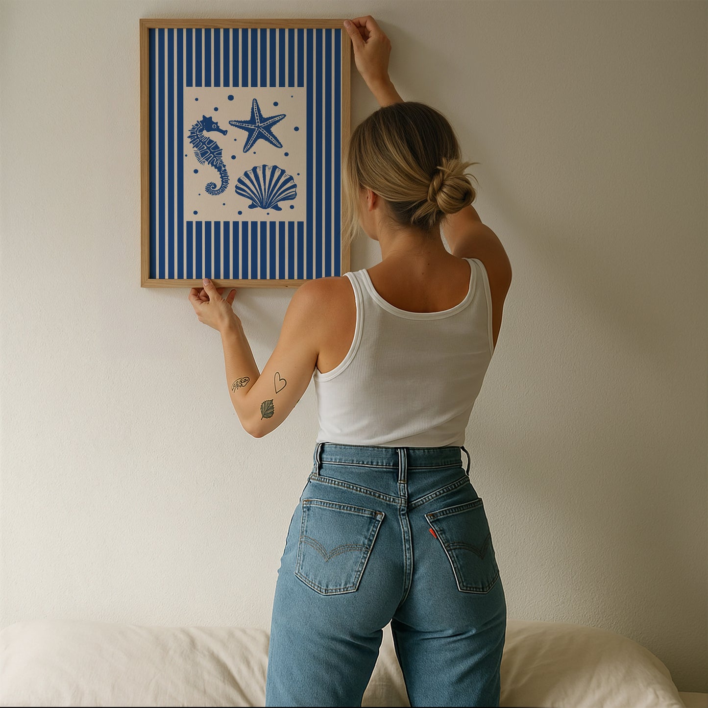 Mermaid & Seashells Coastal Blue Striped Set Of 2 - Digital Print