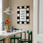 Black and white checkered print with a scalloped border and the handwritten quote "Kisses if you do the dishes" in black script