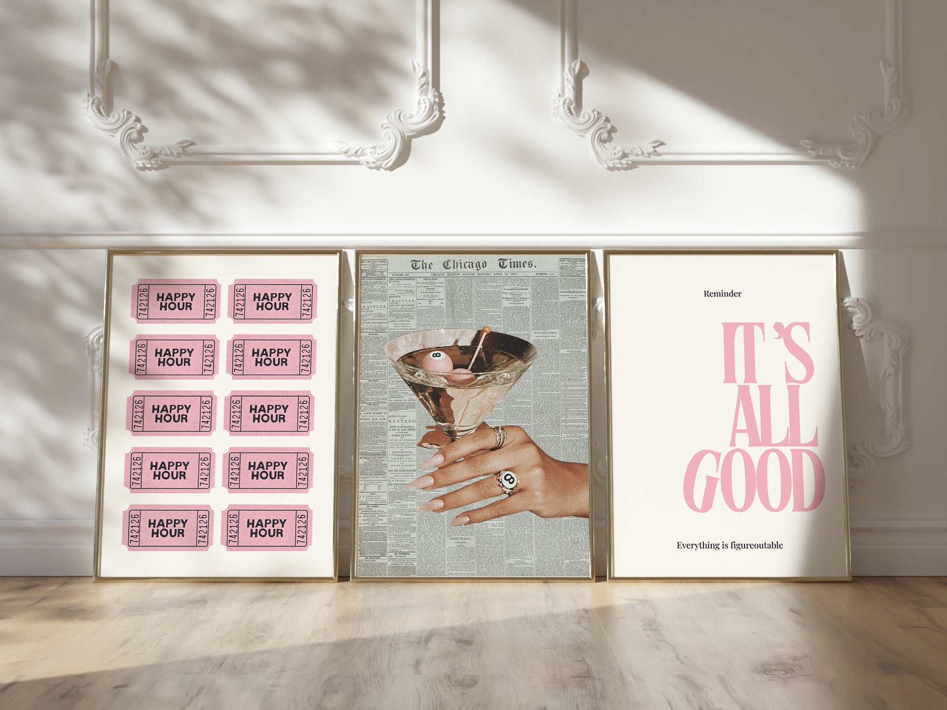 Set of three prints featuring bold pink 'It's All Good' typography, a vintage newspaper cocktail print, and a pink 'Happy Hour' ticket grid
