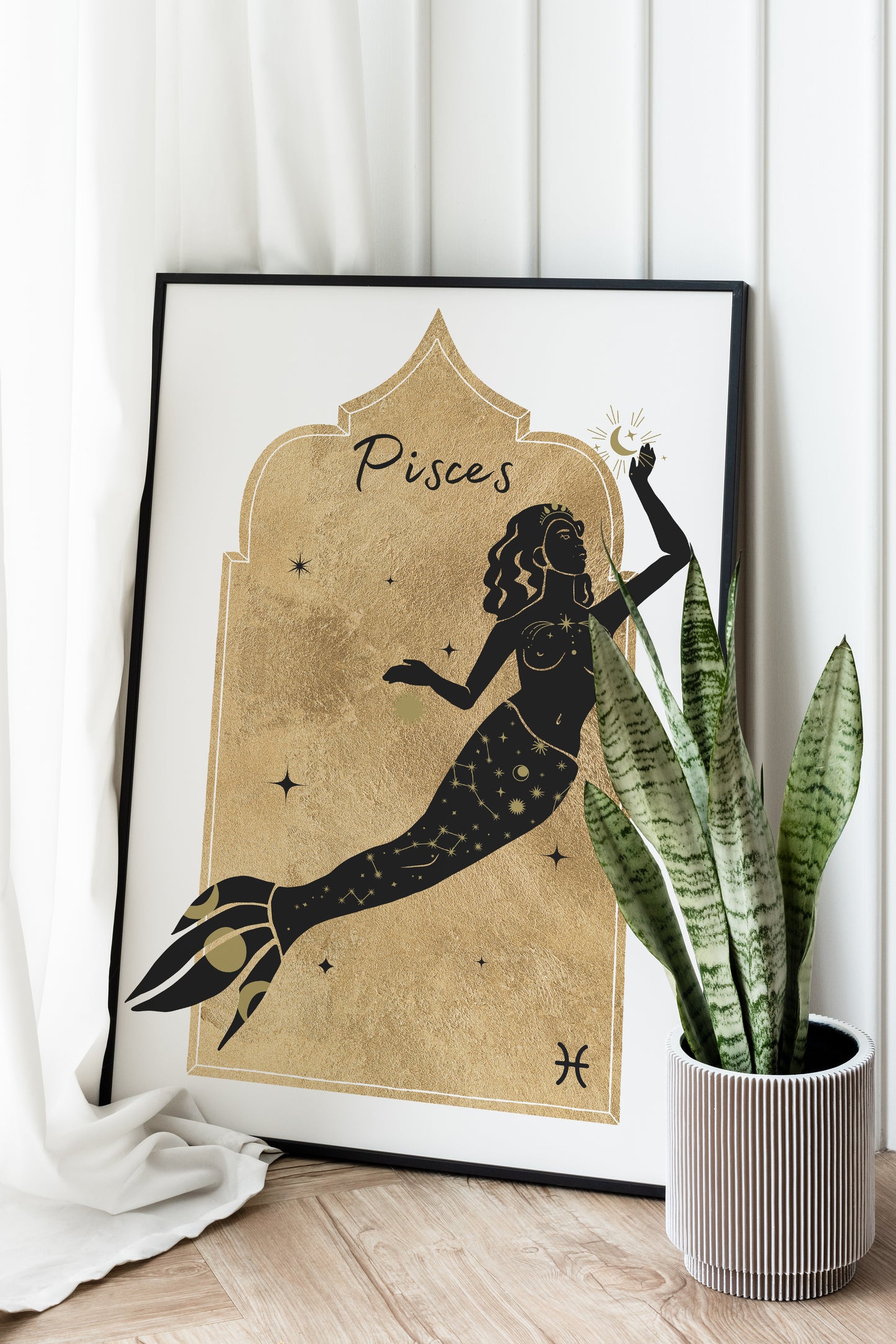 Golden  Zodiac Pisces Goddess Wall Art Print, Sun Sign Art