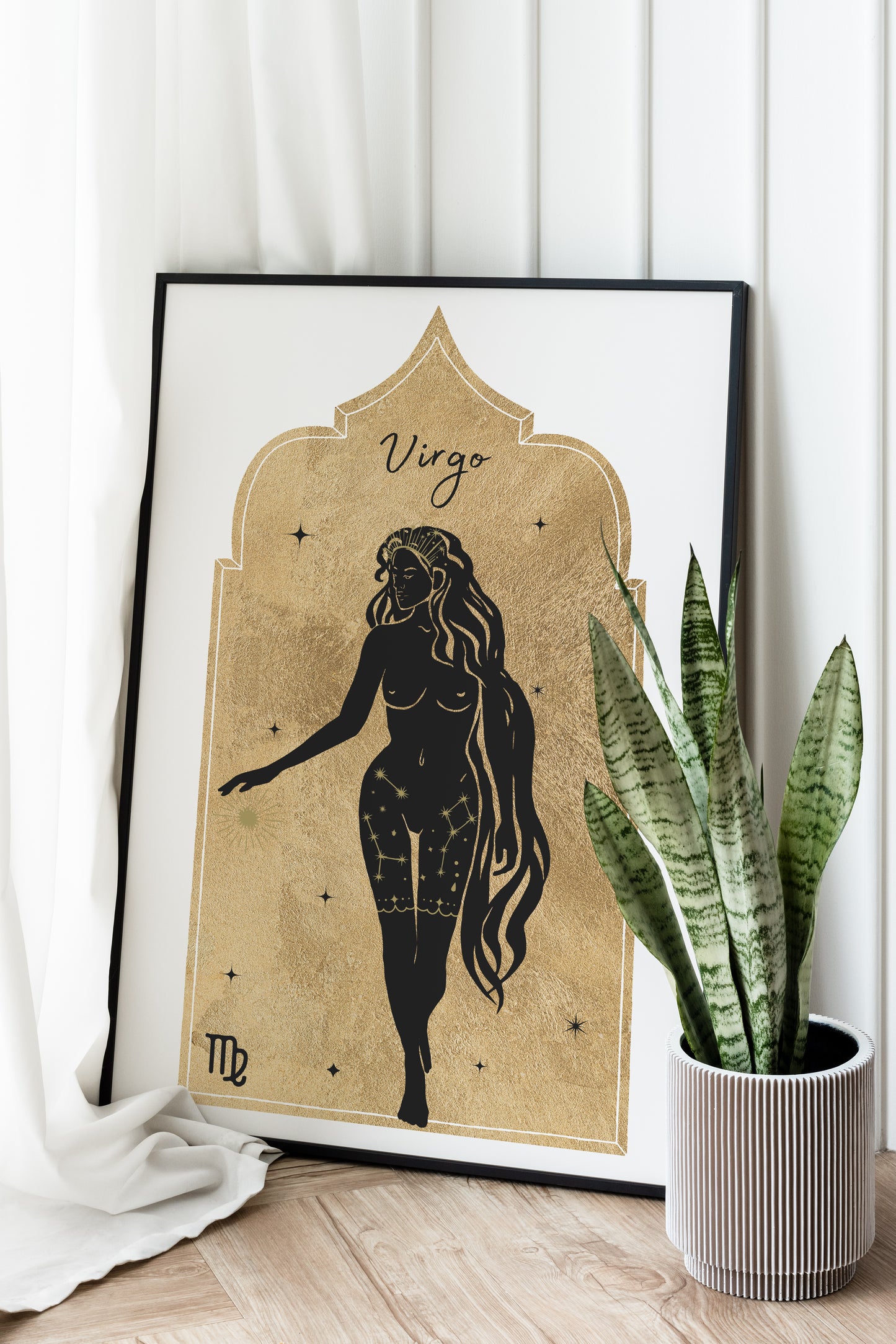 Golden Zodiac Virgo Goddess Wall Art Print, Sun Sign Art