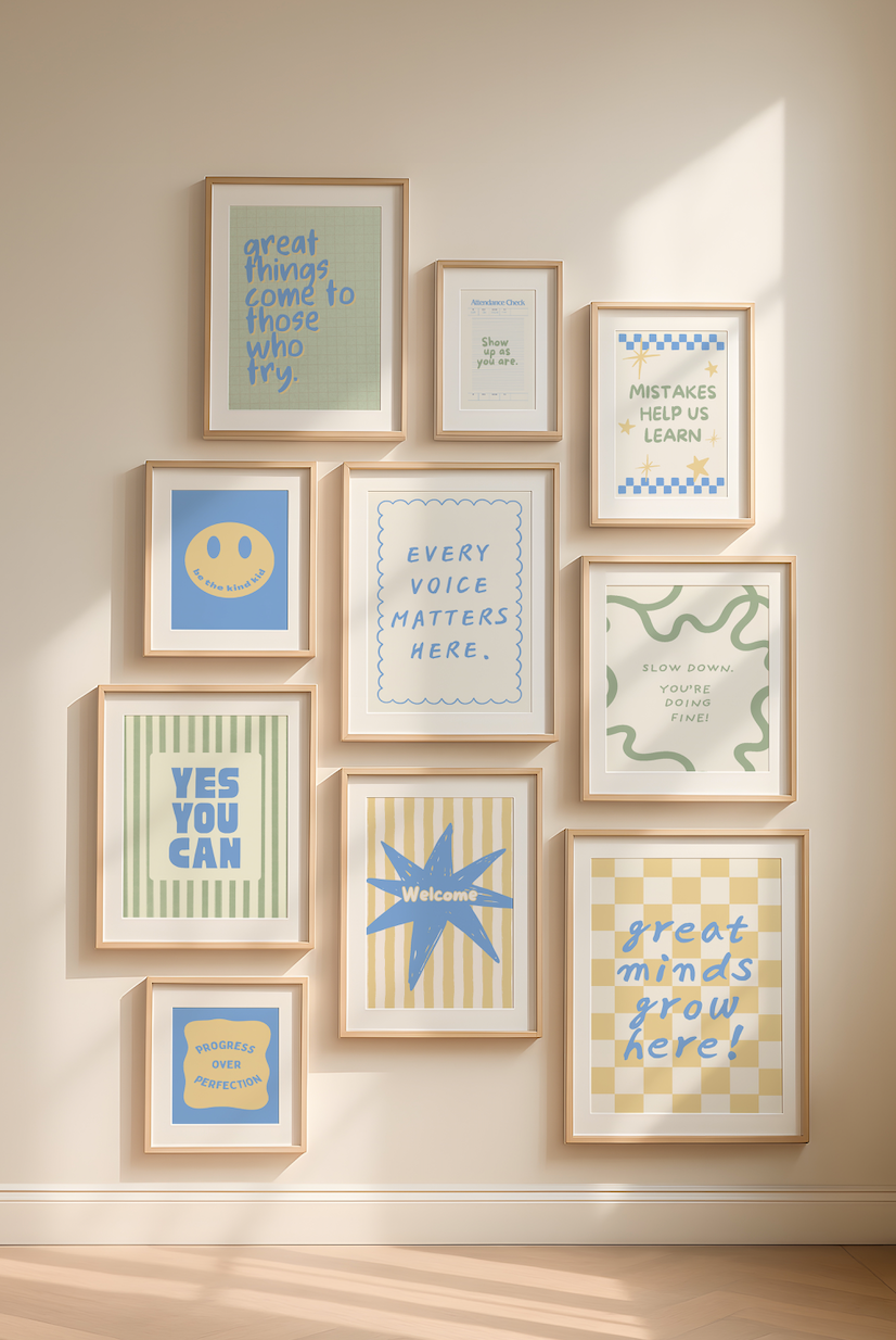 Set of 10 classroom prints in blue, green, and yellow: Yes You Can, Every Voice Matters Here, Slow Down You're Doing Fine, Progress Over Perfection, a starburst Welcome illustration, an Attendance Check print reading Show Up As You Are, Great Minds Grow Here on a checkered background, a smiley face reading Be the Kind Kid, Mistakes Help Us Learn, and Great Things Come to Those Who Try.