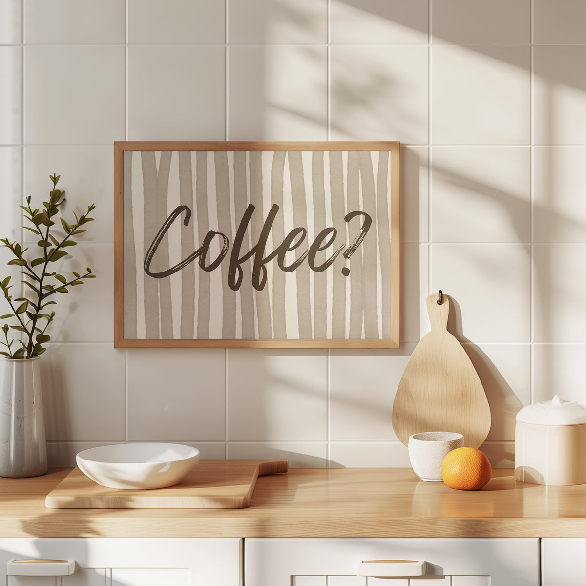 Beige and cream striped print with "Coffee?" in bold brown brush script