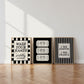 Set of 3 black and white bathroom prints: "Wash your hands ya filthy animal" in black cursive bordered by a black and white checkered frame, three black ticket-stub illustrations reading "Splish Splash, Admit One," and "I See London I See France" in a scalloped stamp frame on black and white stripes.