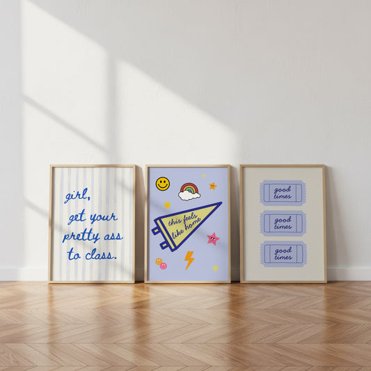 Set of 3 vertical preppy blue dorm room prints featuring a cursive stripe quote, a varsity pennant with stickers, and a retro good times ticket design