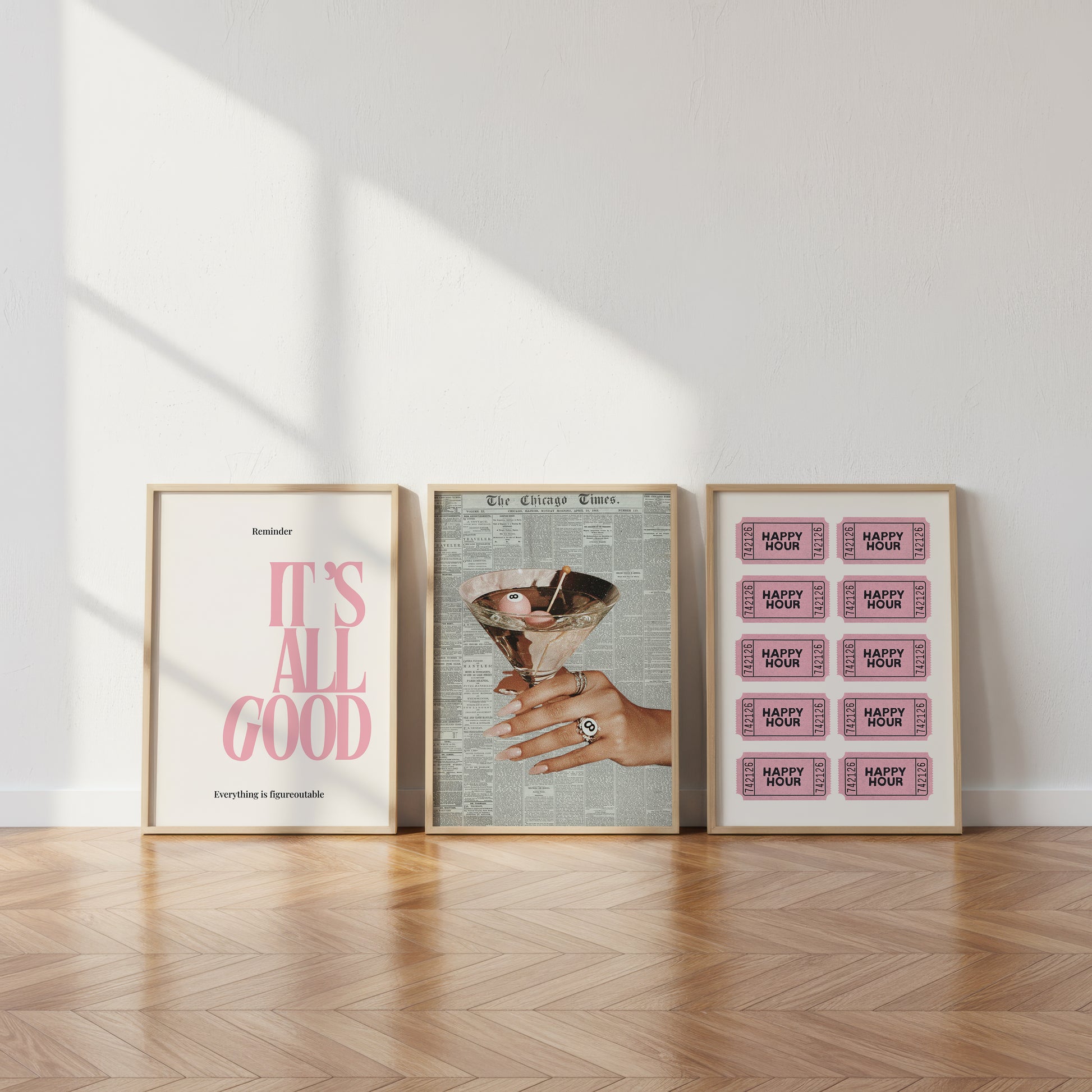Set of three prints featuring bold pink 'It's All Good' typography, a vintage newspaper cocktail print, and a pink 'Happy Hour' ticket grid