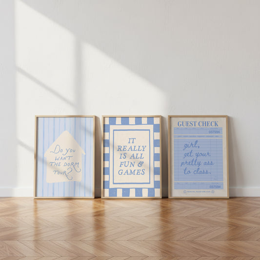 Blue Dorm Art Set of 3 - Trendy Gallery Wall Prints - Digital Print