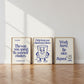Set of 3 vertical navy and cream retro classroom prints with bold typography and character mascots including a trash can and walking book