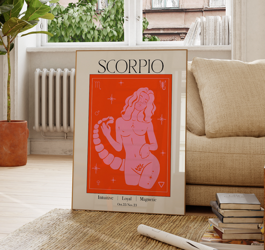 Retro Scorpio Zodiac Goddess Art Print, Boho Scorpio Wall Art