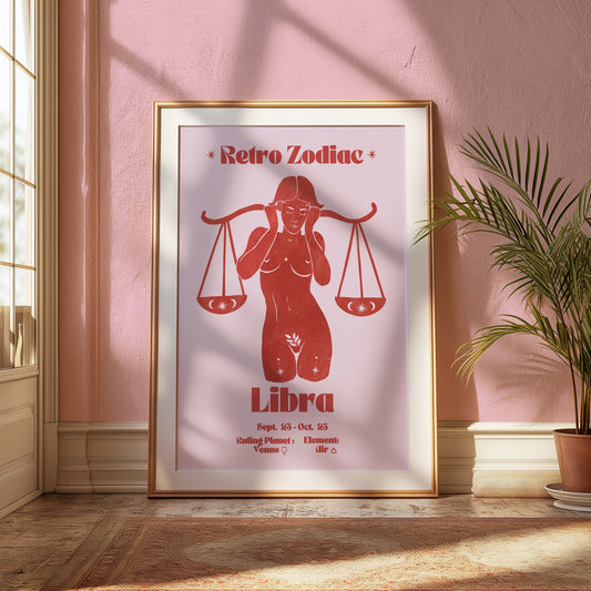 Retro Zodiac Libra Goddess Wall Art Print, Sun Sign Art